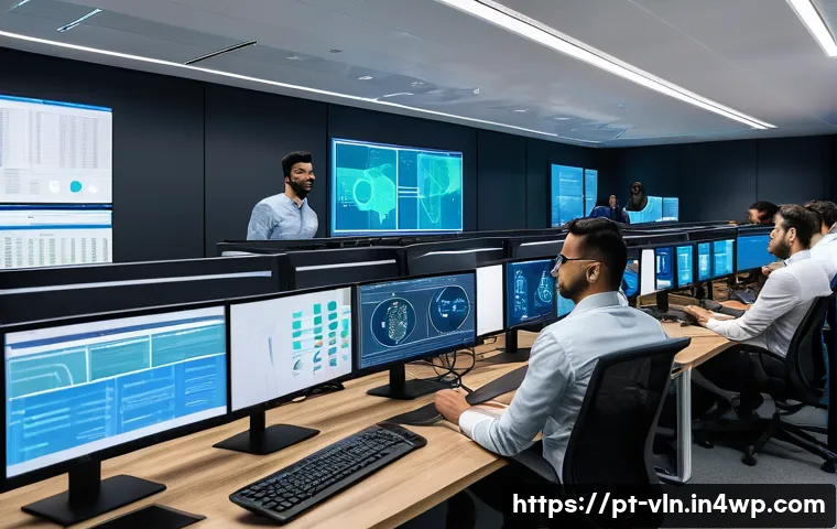 취약점 관리 프로그램 개선을 위한 피드백 - A modern cybersecurity operations center in São Paulo, Brazil, with a diverse team of IT professiona...
