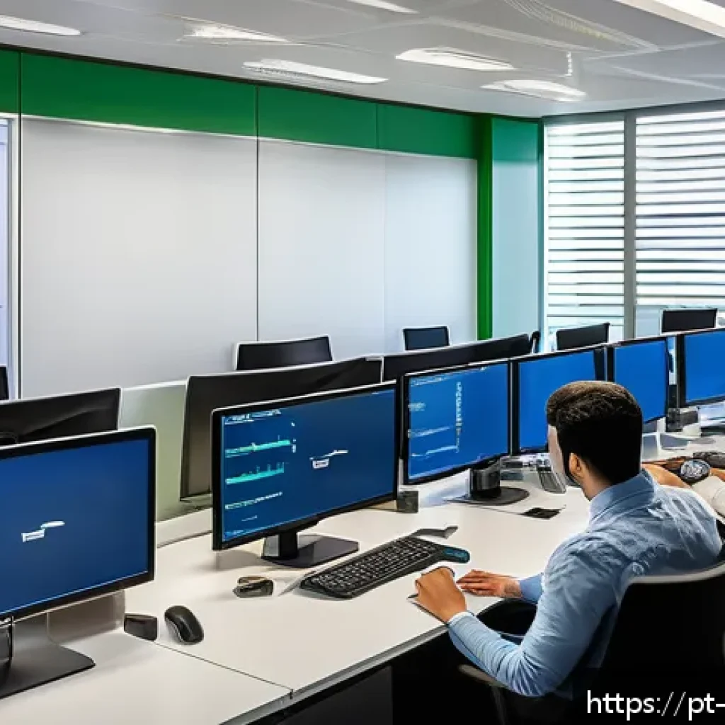 데이터베이스 보안 취약점 관리 - A modern office environment in São Paulo with diverse IT professionals collaborating around multiple...