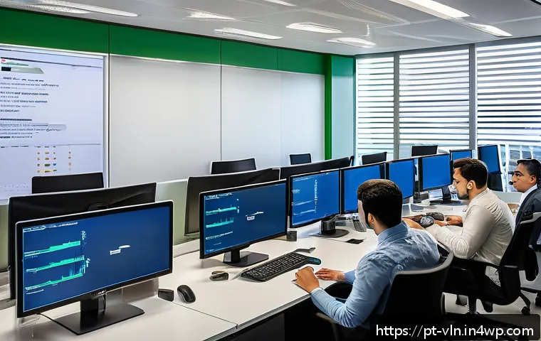 데이터베이스 보안 취약점 관리 - A modern office environment in São Paulo with diverse IT professionals collaborating around multiple...