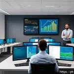 보안 취약점 관리의 ROI 측정 방법 - A modern corporate office setting with a diverse team of cybersecurity professionals actively monito...