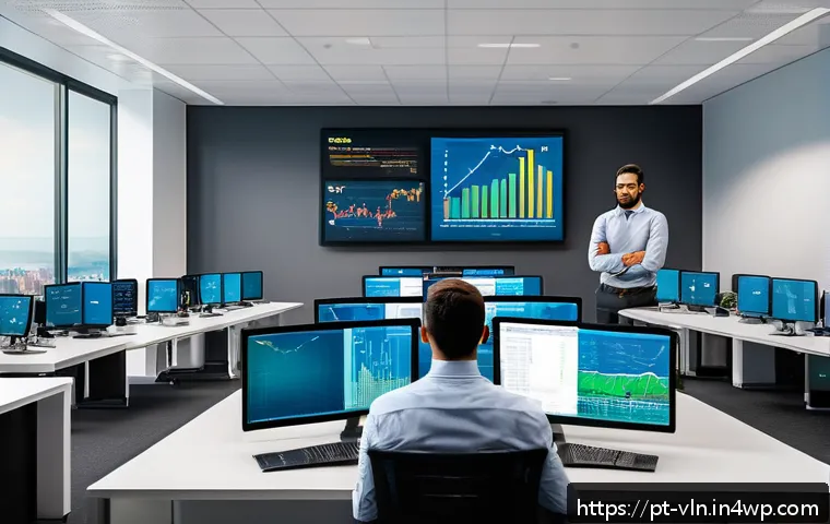 보안 취약점 관리의 ROI 측정 방법 - A modern corporate office setting with a diverse team of cybersecurity professionals actively monito...