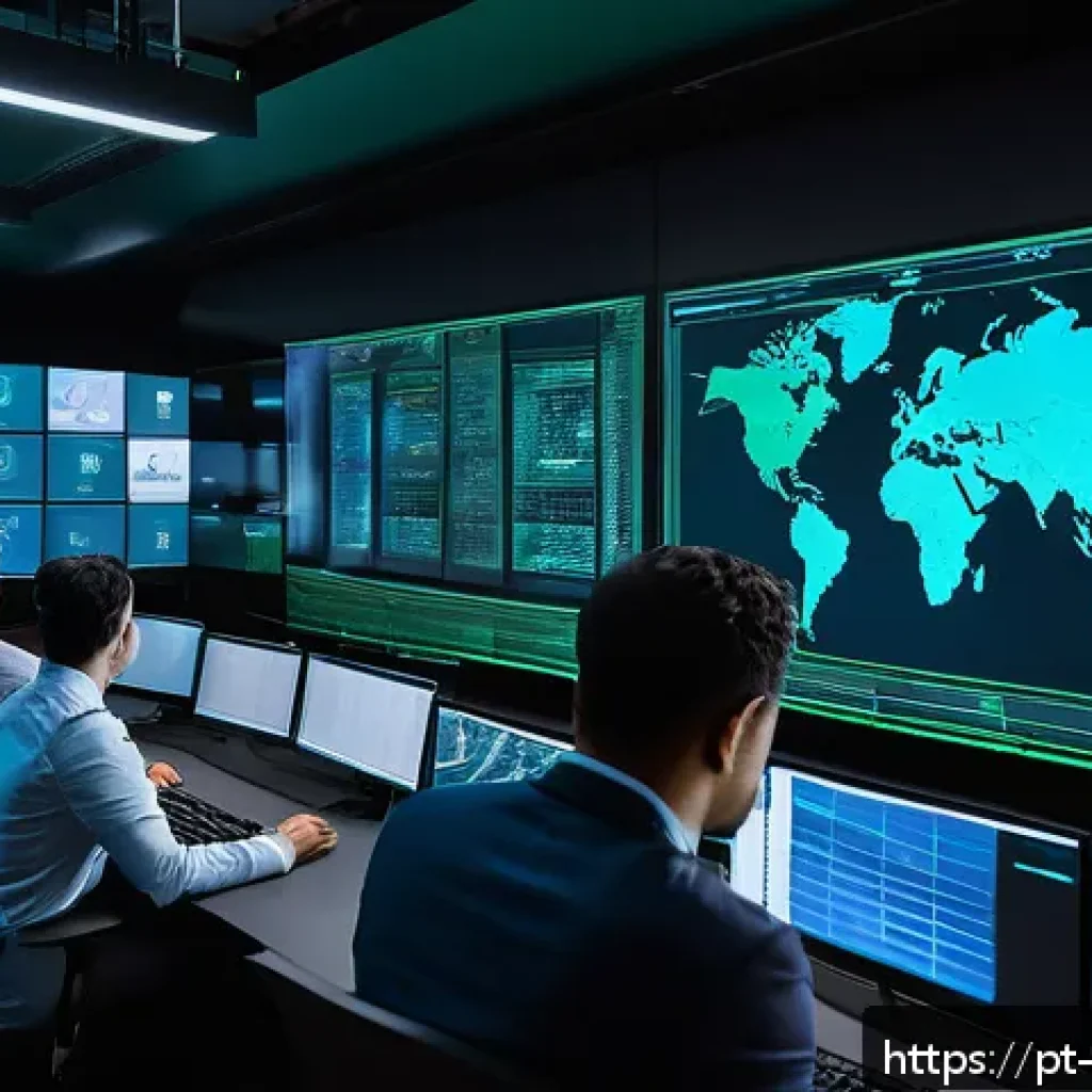 사이버 보안 위협과 취약점 관리 통합 접근법 - A modern corporate cybersecurity operations center with diverse professionals monitoring multiple la...