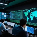 사이버 보안 위협과 취약점 관리 통합 접근법 - A modern corporate cybersecurity operations center with diverse professionals monitoring multiple la...