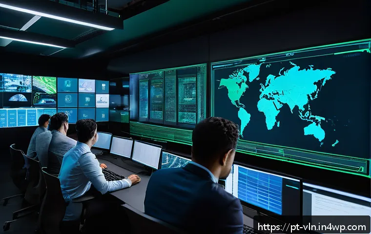 사이버 보안 위협과 취약점 관리 통합 접근법 - A modern corporate cybersecurity operations center with diverse professionals monitoring multiple la...