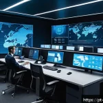 차세대 보안 취약점 관리 솔루션 - A futuristic cybersecurity operations center with diverse IT professionals actively monitoring multi...
