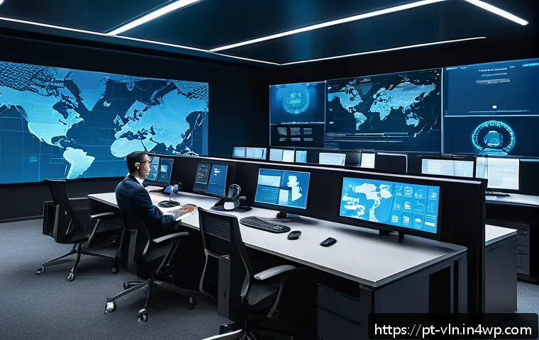 차세대 보안 취약점 관리 솔루션 - A futuristic cybersecurity operations center with diverse IT professionals actively monitoring multi...